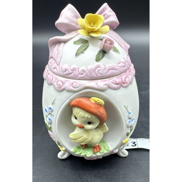 VTG Lefton Bisque Porcelain Yellow Chick Footed Egg Lidded Easter Box Trinket - Picture 10 of 10